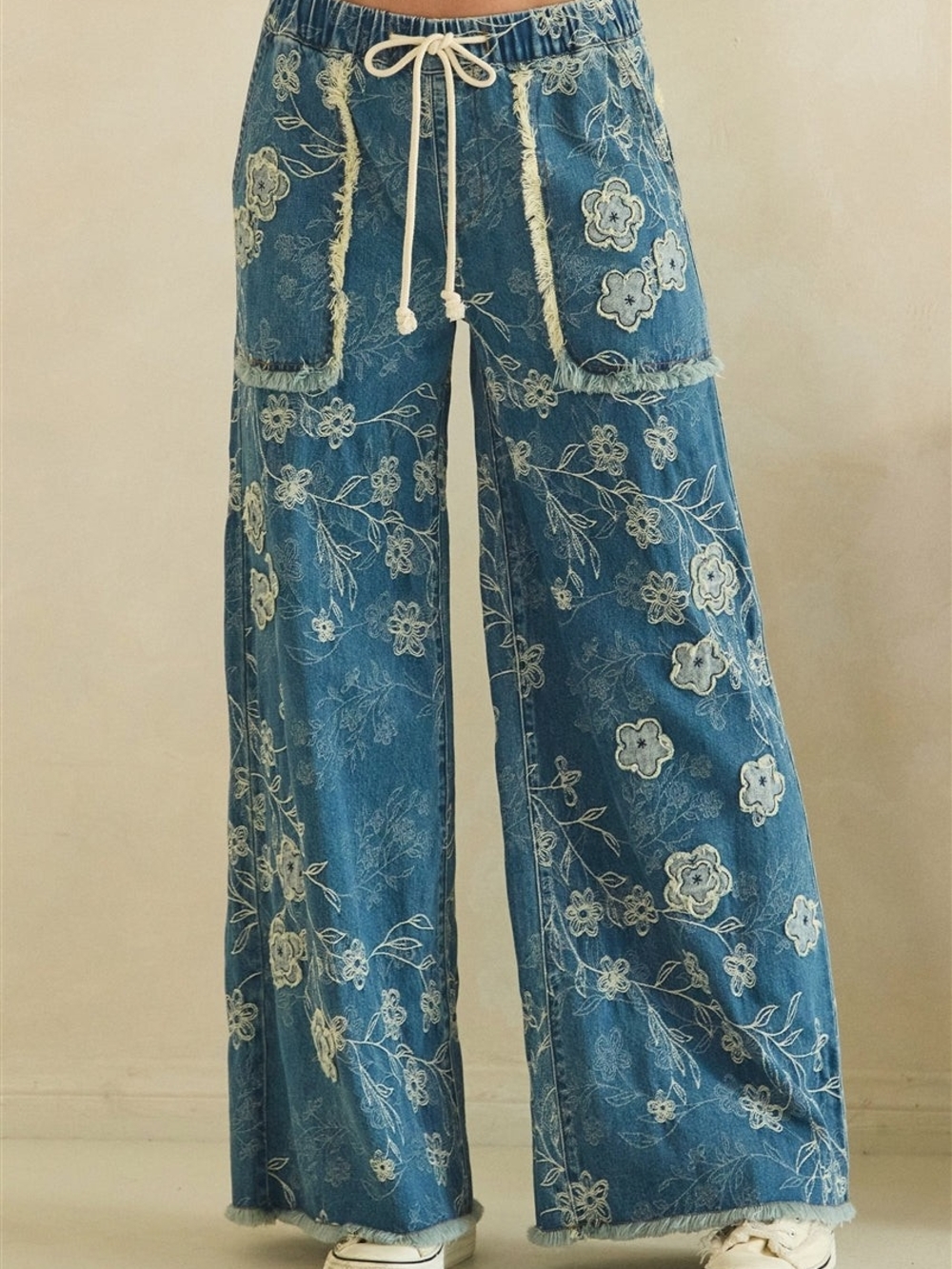OLI & HALI FLORAL PATCH EMBROIDERED DENIM PANTS SM-XL